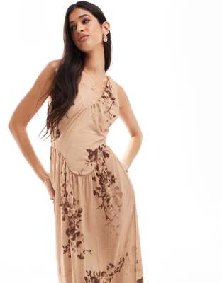 ASOS DESIGN plunge tiered midi dress with gathered waist in boho print