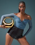 [ASOS DESIGN] ASOS DESIGN plunge trim mesh off shoulder bodysuit in blue XS Blue