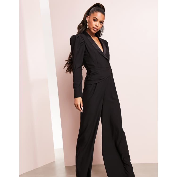 ASOS DESIGN plunge tux jumpsuit with wide leg in black