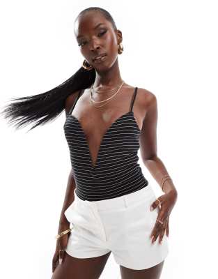 Asos Design Plunge V-bar Bodysuit In Stripe-multi