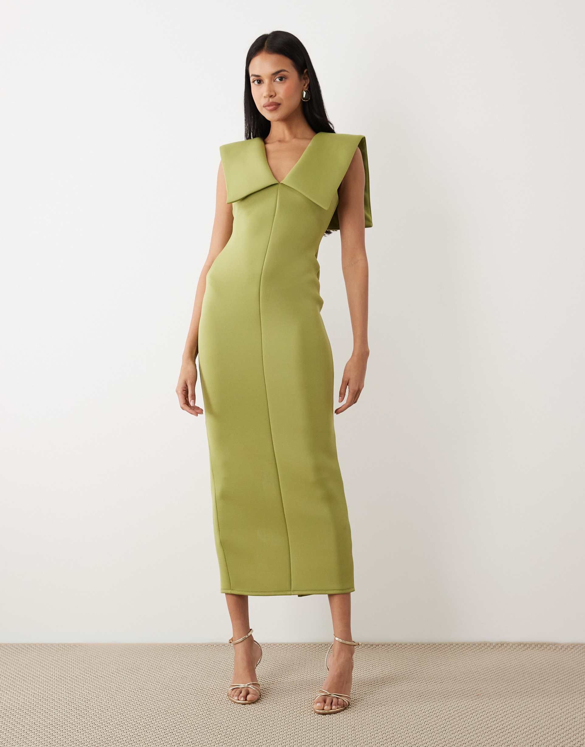 asos design plunge v neck midi dress with structured shoulder in olive scuba-style fabric