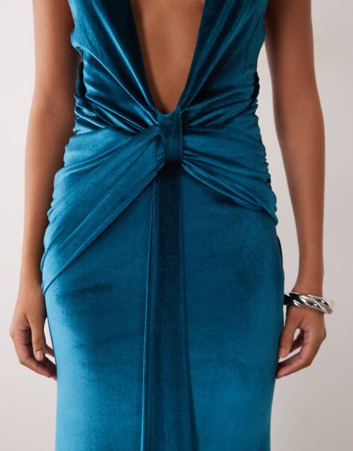 ASOS DESIGN plunge velvet tie front maxi dress in petrol, 3 of 4