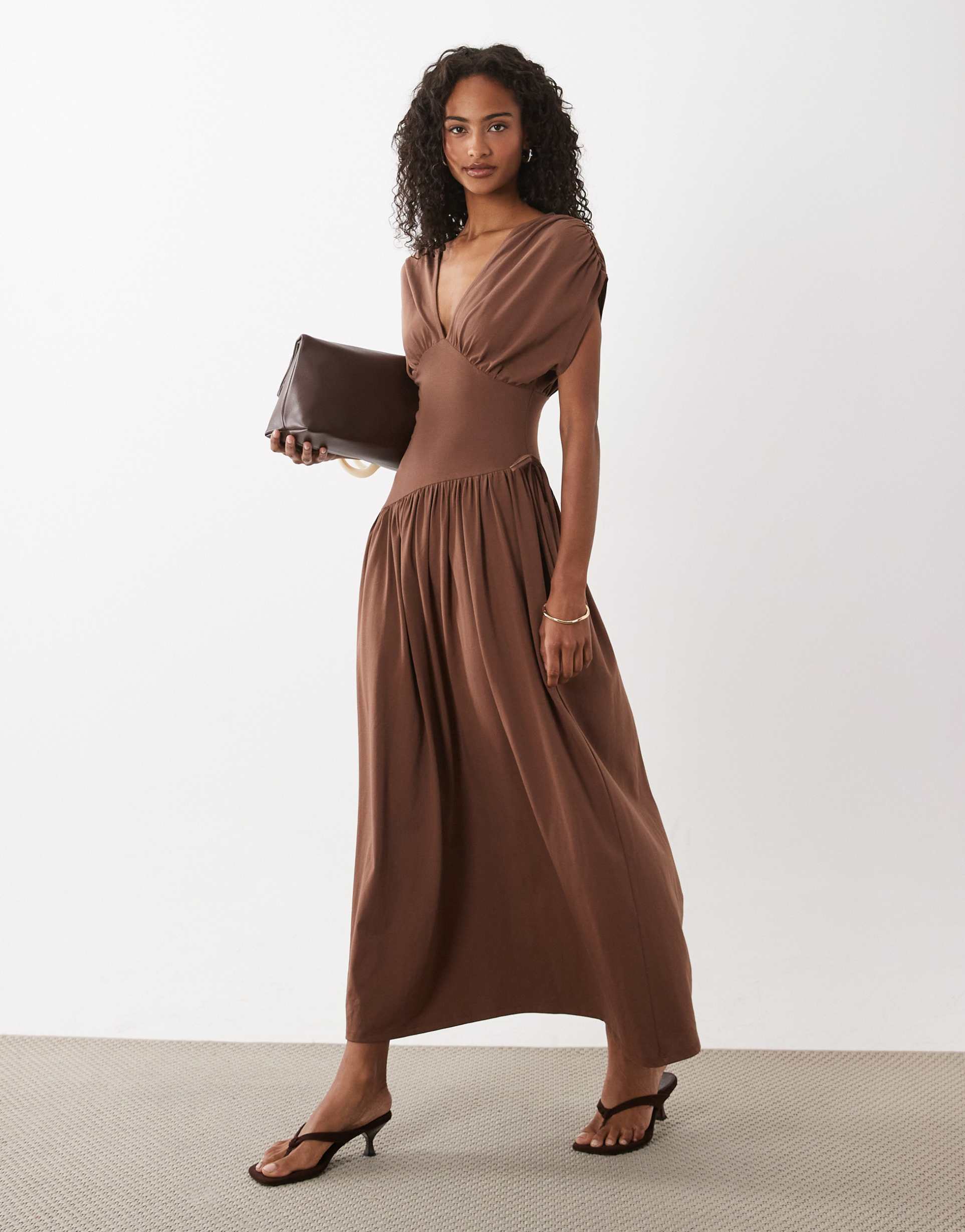 asos design plunge waist detail midi dress in chocolate