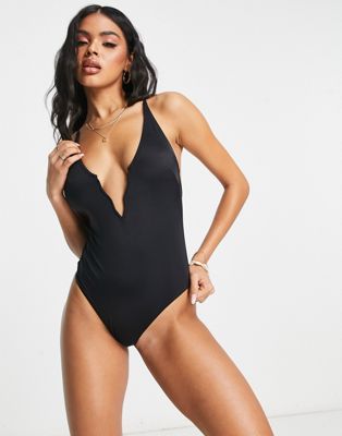 ASOS DESIGN plunge wiggle wire swimsuit in black - ASOS Price Checker
