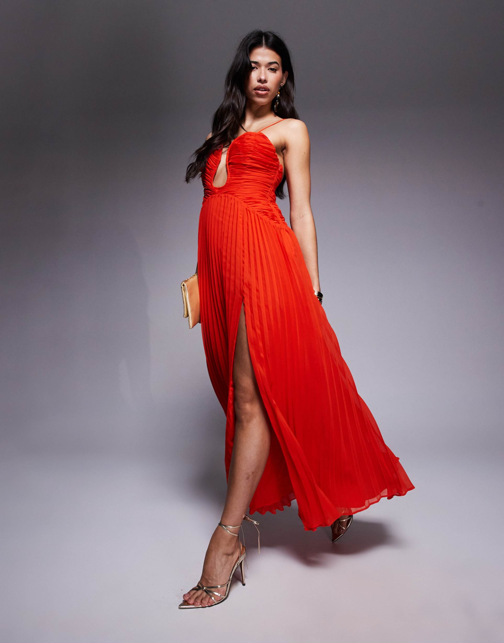 asos design plunge wired bodice pleated skirt cami maxi dress in red
