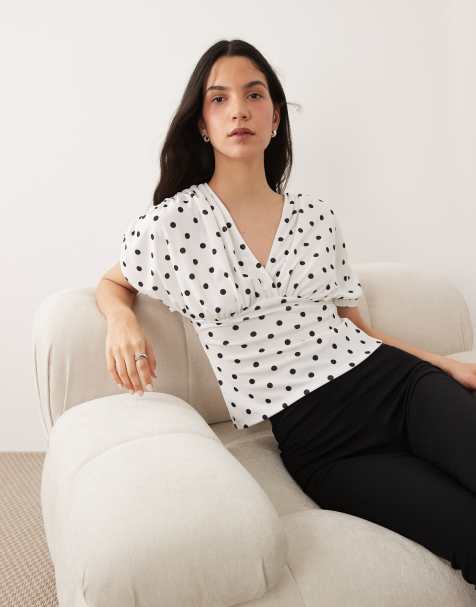 ASOS DESIGN plunge with cinched waist top in stone polka dot - view 1