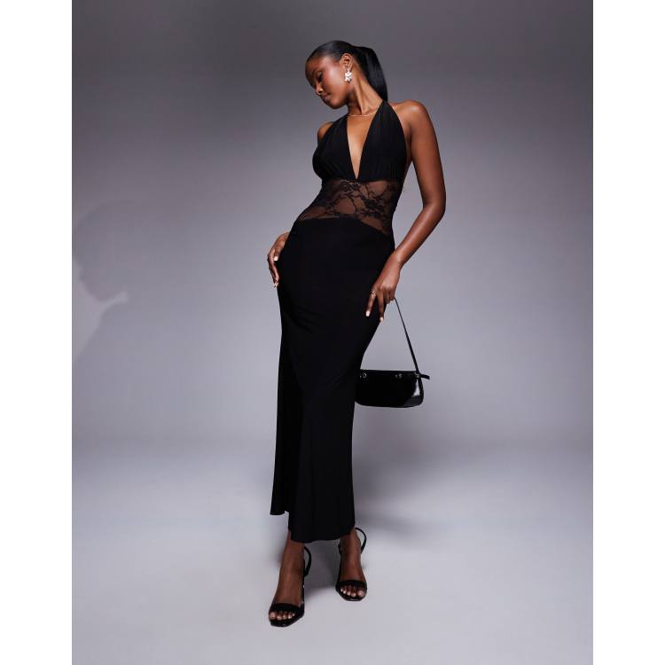ASOS Design Plunge with Lace Panel Maxi Dress in Black