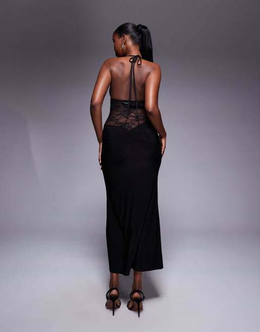 ASOS DESIGN plunge with lace panel maxi dress in black