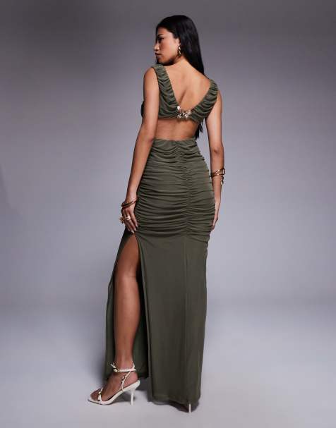 ASOS DESIGN plunge with ruching and open back with gold butterfly trim mesh maxi dress in khaki - view 1