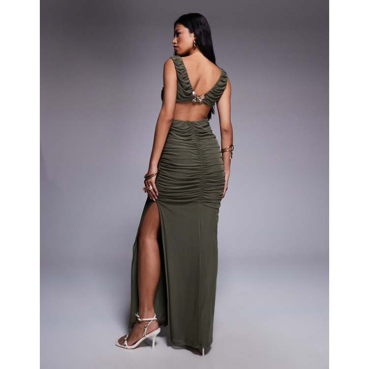 ASOS DESIGN plunge with ruching and open back with gold butterfly trim mesh maxi  dress in khaki | ASOS