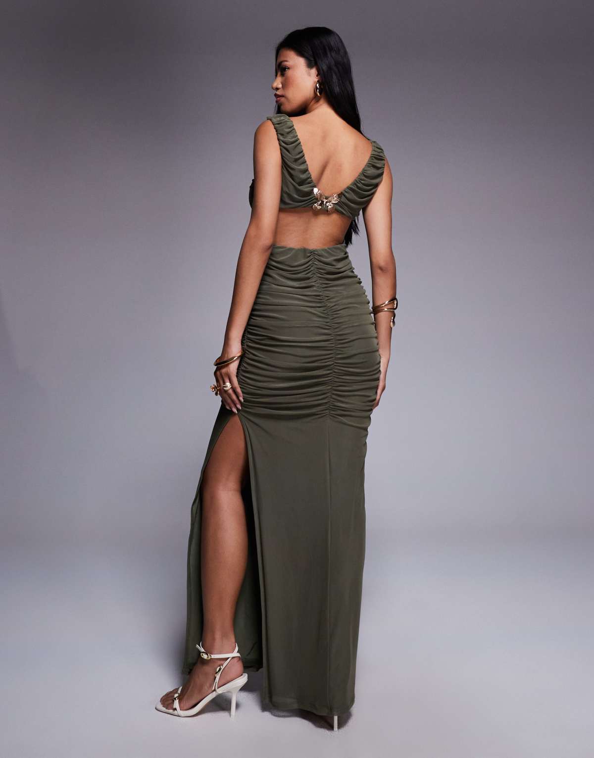 ASOS DESIGN plunge with ruching and open back with gold butterfly trim mesh maxi dress in khaki