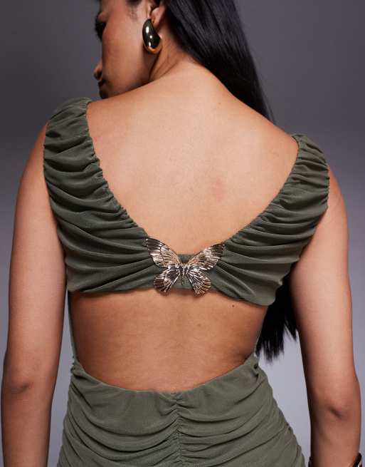 ASOS DESIGN plunge with ruching and open back with gold butterfly trim mesh maxi dress in khaki, 3 of 4