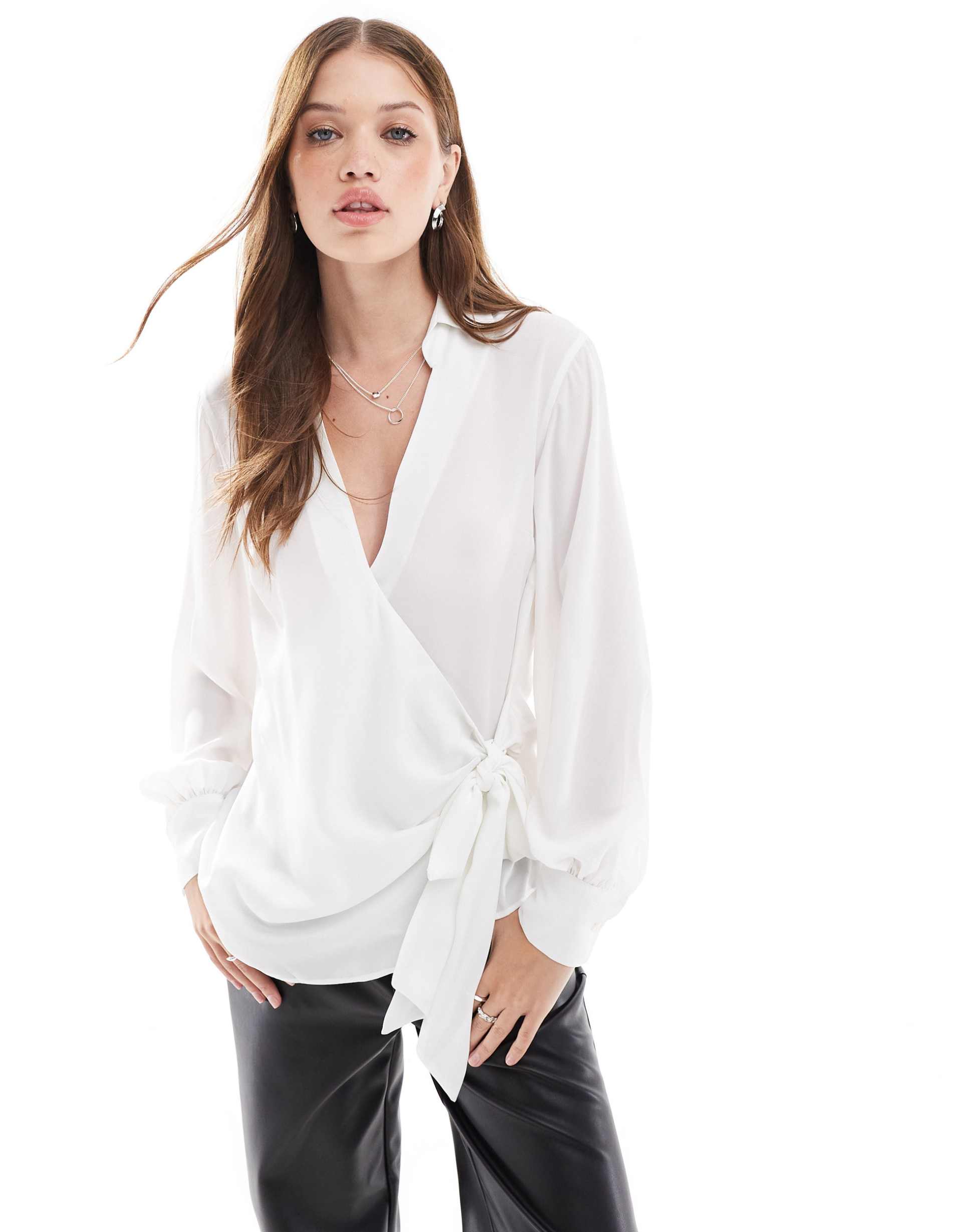 asos design plunge wrap detail long sleeve blouse in ivory