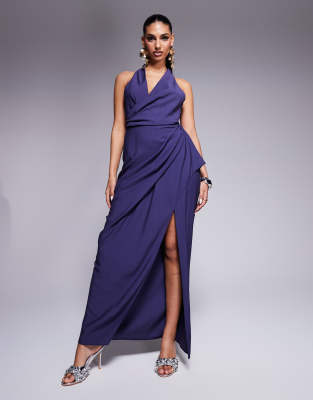 Asos Design Plunge Wrap Front Textured Maxi Dress With Draped Skirt In Indigo Blue