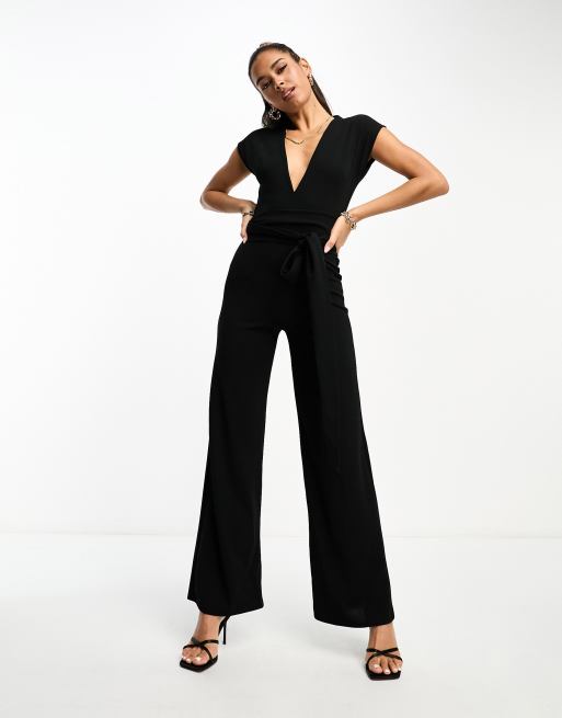 ASOS DESIGN plunge wrap obi tie waist jumpsuit in black | ASOS