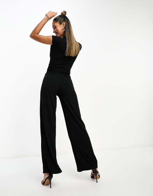 Long Sleeve Plunge Neck Boning Zip Up Detail Seamless Jumpsuit In Black