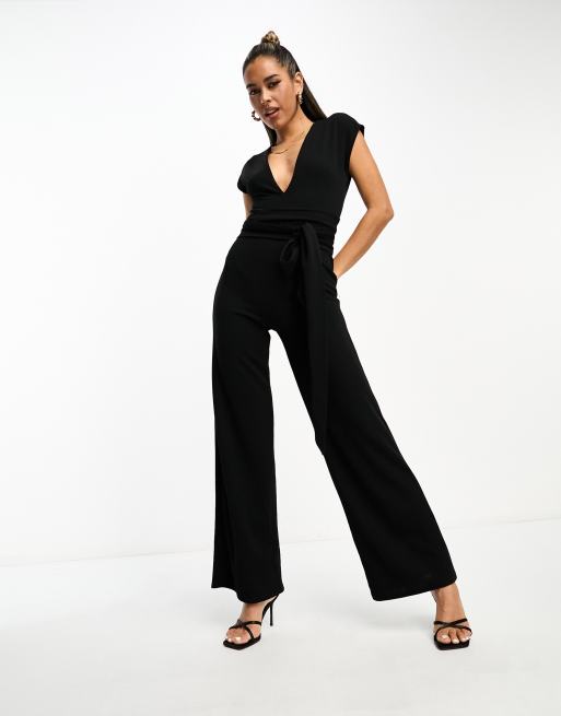 ASOS DESIGN plunge wrap obi tie waist jumpsuit in black