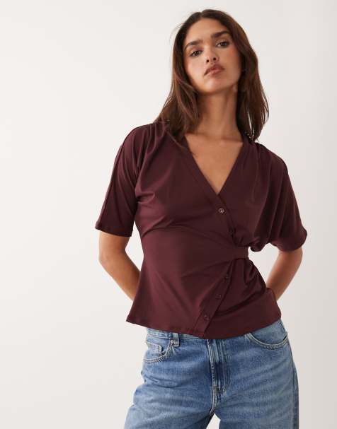 ASOS DESIGN plunge wrap top with button details in burgundy - view 1
