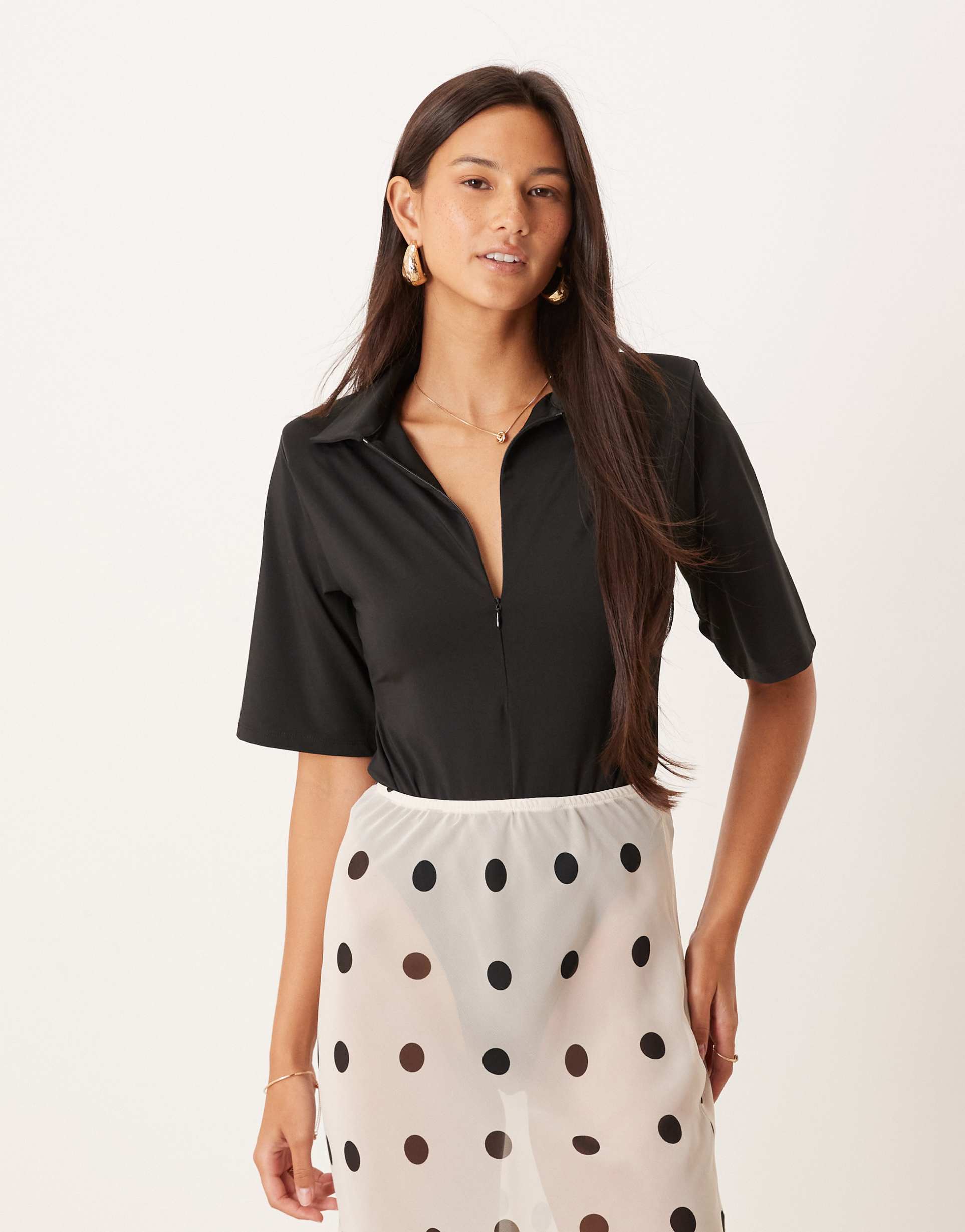 asos design plunge zip detail bodysuit in black