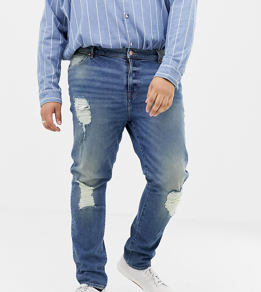 ASOS DESIGN - Plus - 12.05oz - Skinny jeans in blauwe mid wash met grote scheuren
