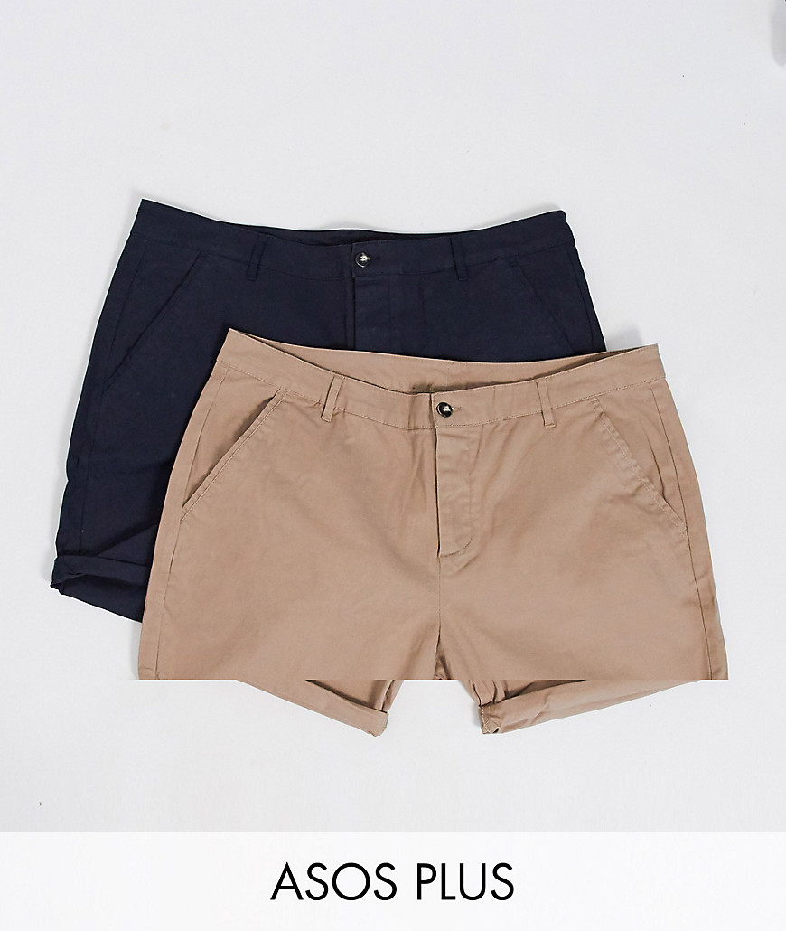 ASOS DESIGN Plus 2 pack slim chino shorts in stone & navy save-Multi