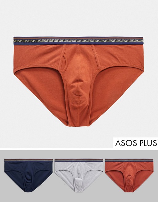 ASOS DESIGN Plus 3 pack briefs in burgundy navy and grey marl organic cotton with patterned waistband