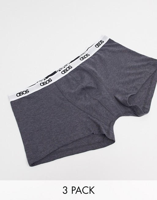 ASOS DESIGN Plus 3 pack trunks in dark grey marl organic cotton with branded waistband save