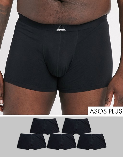 ASOS DESIGN Plus 5 pack trunks in black wth unrivalled supply waistband save