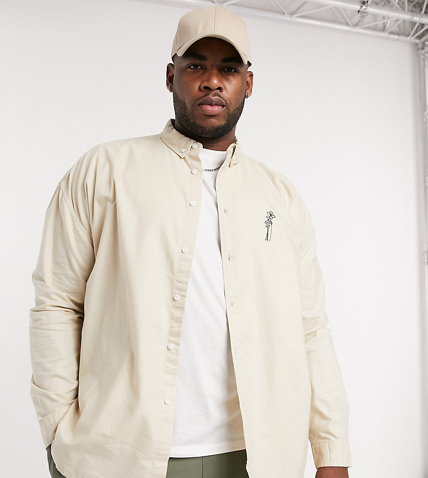 ASOS DESIGN Plus 90s oversized oxford shirt with embroidered logo in stone-Neutral