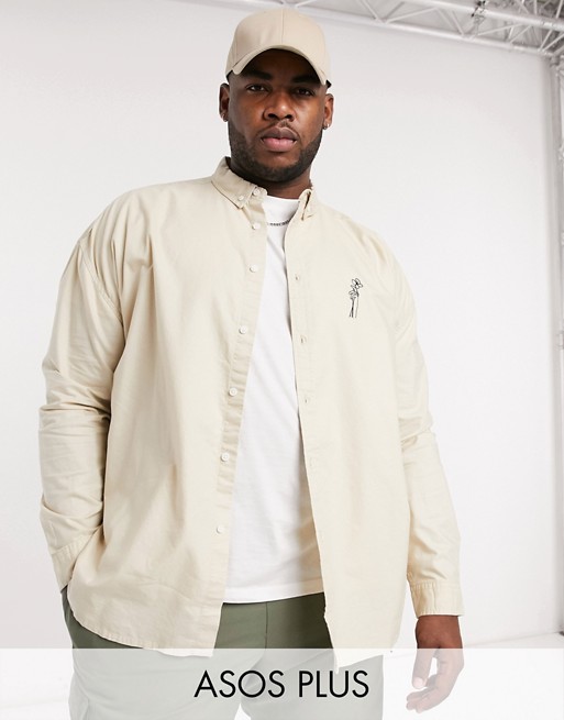 ASOS DESIGN Plus 90s oversized oxford shirt with embroidery chest logo in stone