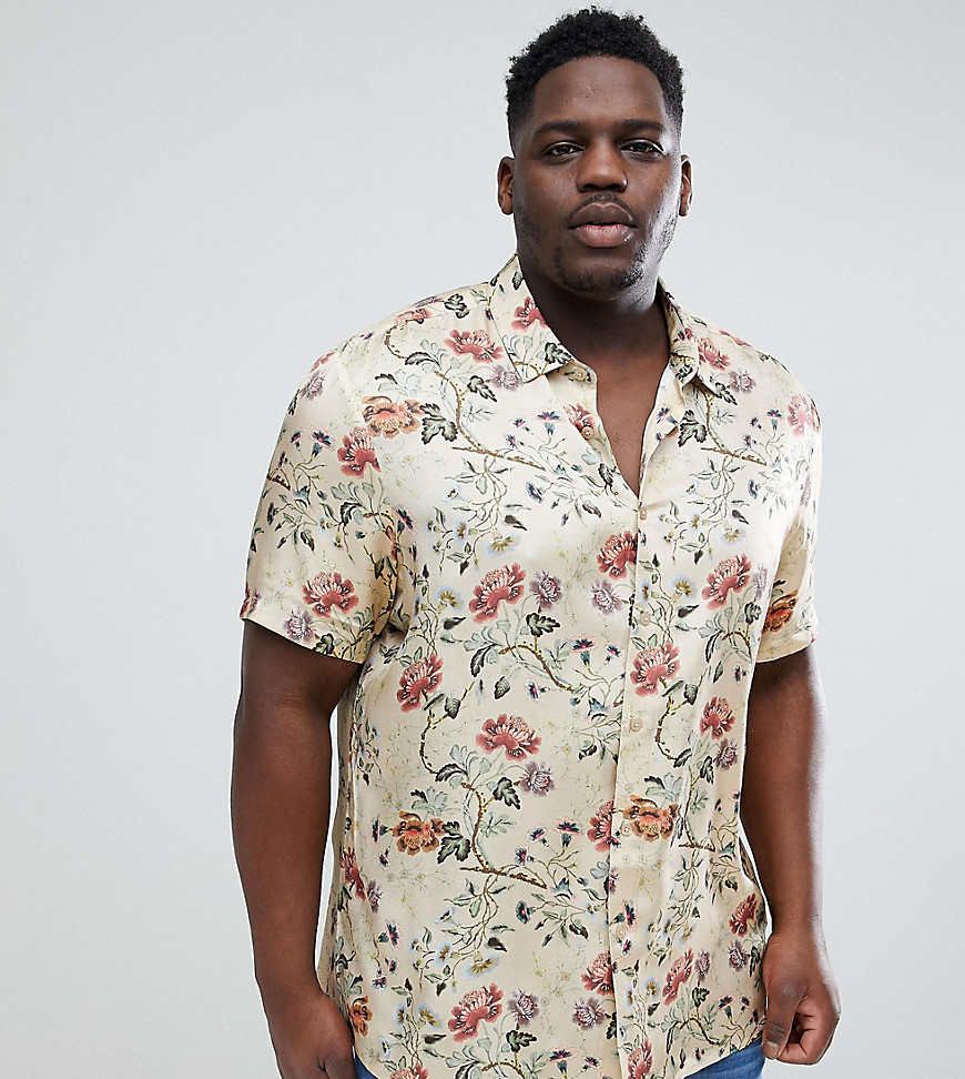 ASOS DESIGN – Plus – Beigefärgad skjorta i viskos med normal passform och blomdesign