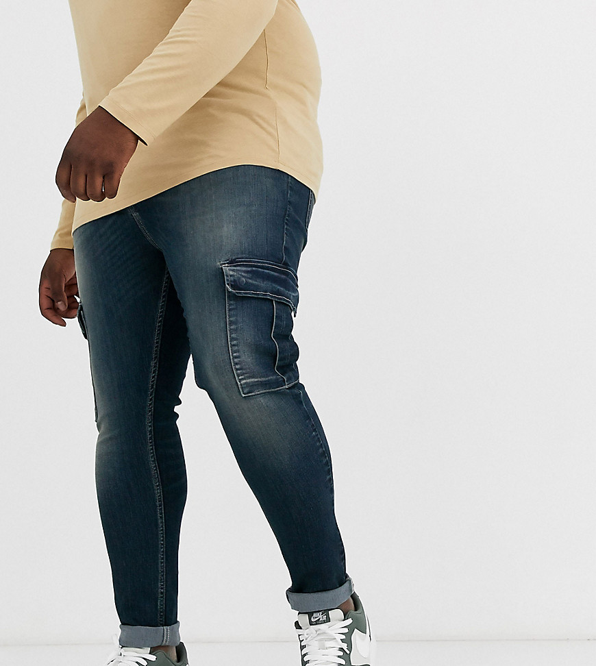 ASOS DESIGN - Plus - Blå spray-on jeans i power-stretch med cargolommer