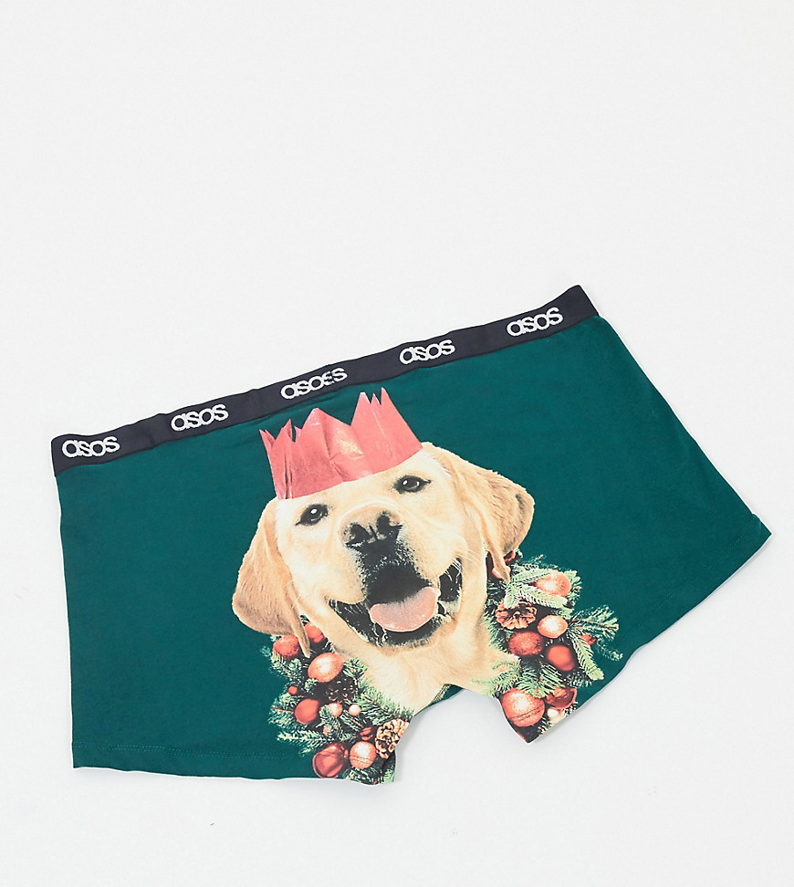 ASOS DESIGN Plus boxer briefs with christmas bum dog print-Green