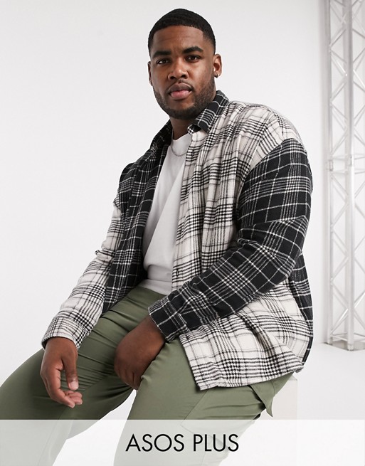 ASOS DESIGN Plus brushed flannel 90s oversized button down monochrome half and half check shirt