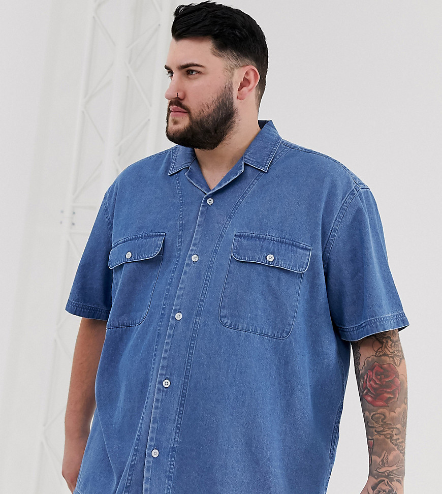 ASOS DESIGN Plus - Camicia di jeans oversize lavaggio medio con due tasche e rever-Blu