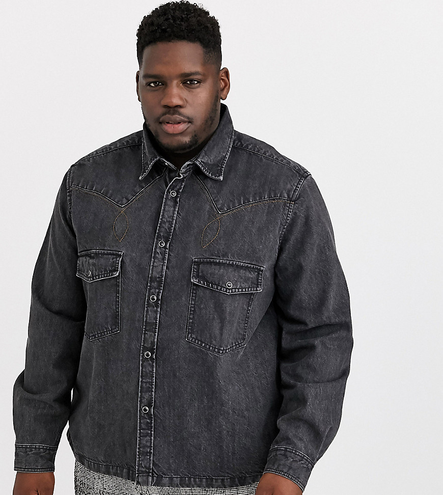 ASOS DESIGN Plus - Camicia di jeans oversize stile western nero slavato