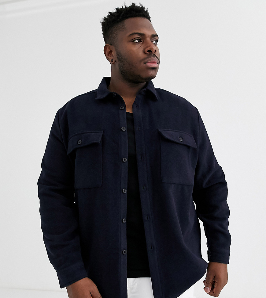 ASOS DESIGN Plus - Camicia in misto lana blu navy con due tasche