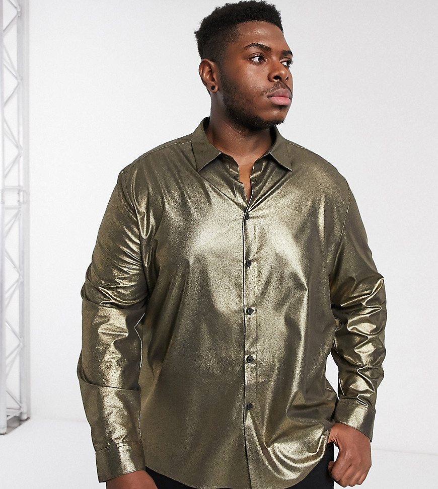 ASOS DESIGN Plus - Camicia metallizzata oro con vestibilità classica