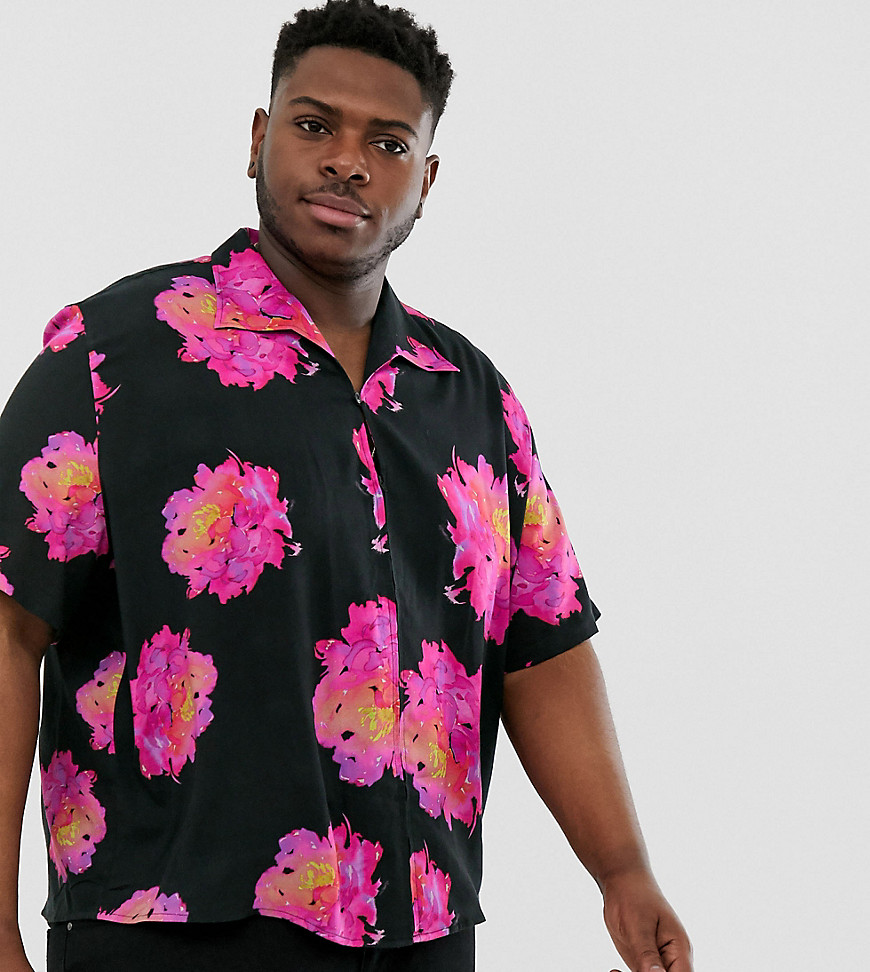 ASOS DESIGN Plus - Camicia oversize a fiori con zip-Nero