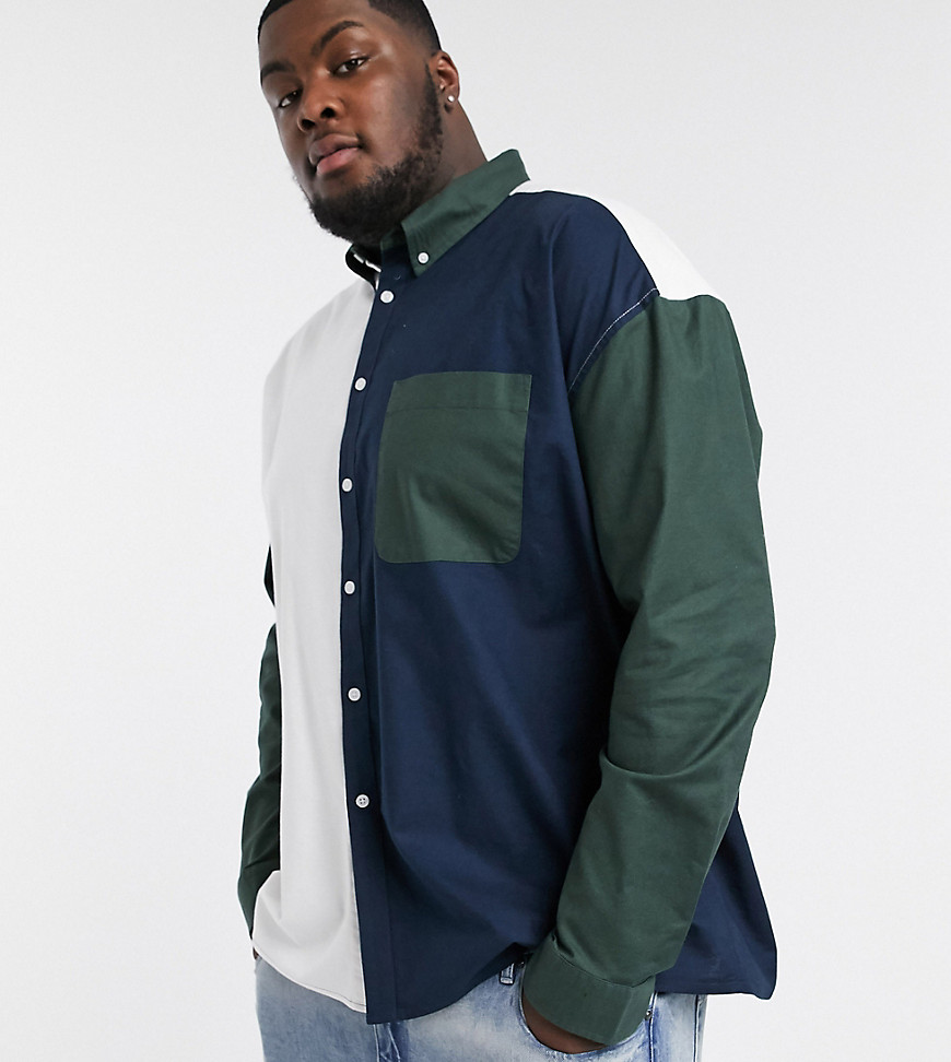 ASOS DESIGN Plus - Camicia Oxford oversize cut and sew blu navy e verde