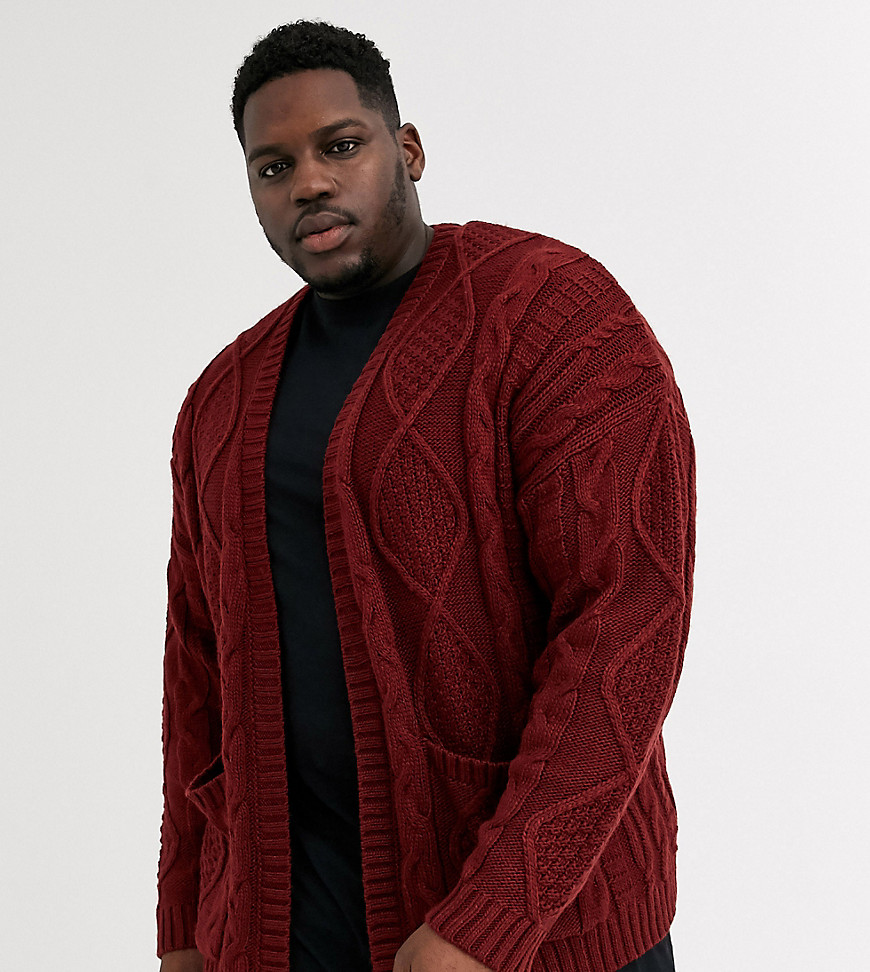 ASOS DESIGN Plus - Cardigan in maglia pesante a trecce bordeaux-Rosso