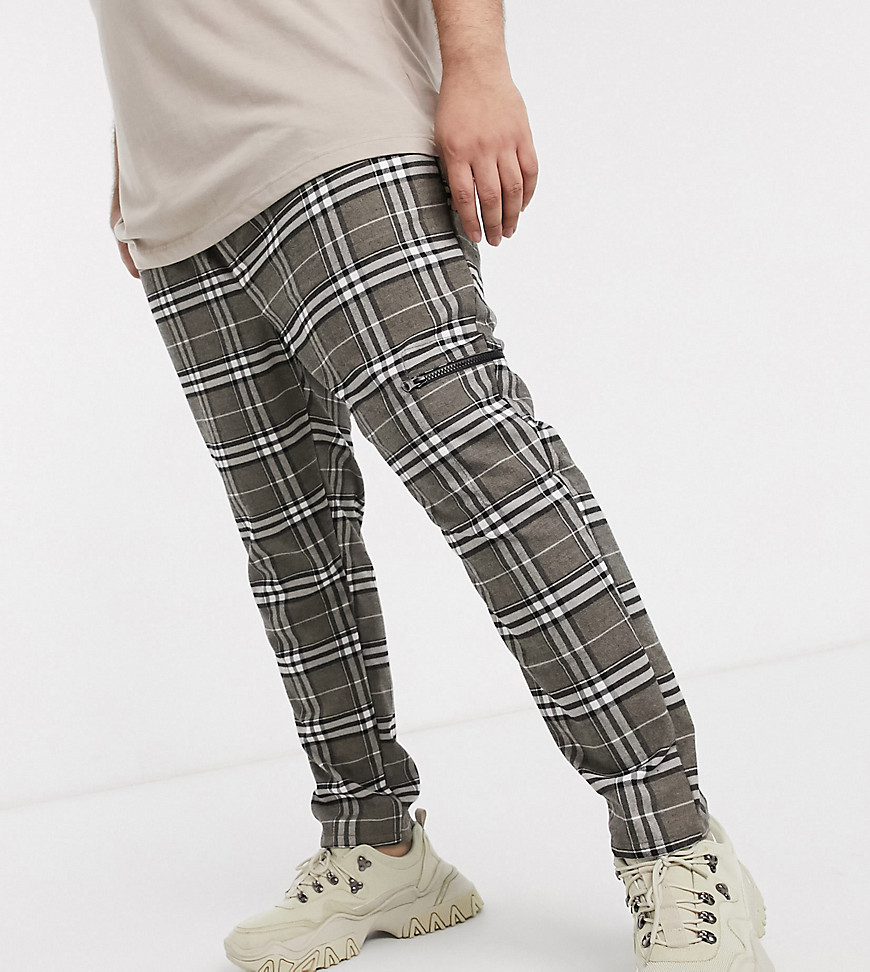 ASOS DESIGN Plus cigarette trousers in check with zip pocket-Grey