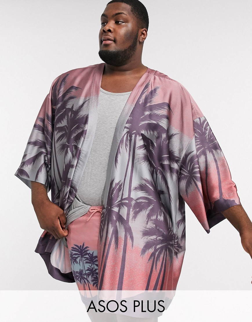 ASOS DESIGN Plus Co-ord pink kimono in large scale palm print