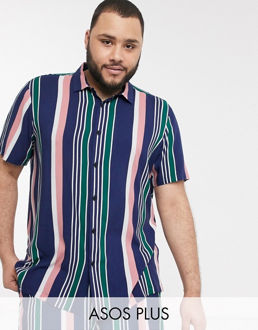 ASOS DESIGN Plus co-ord regular fit shirt in retro navy and pink stripe
