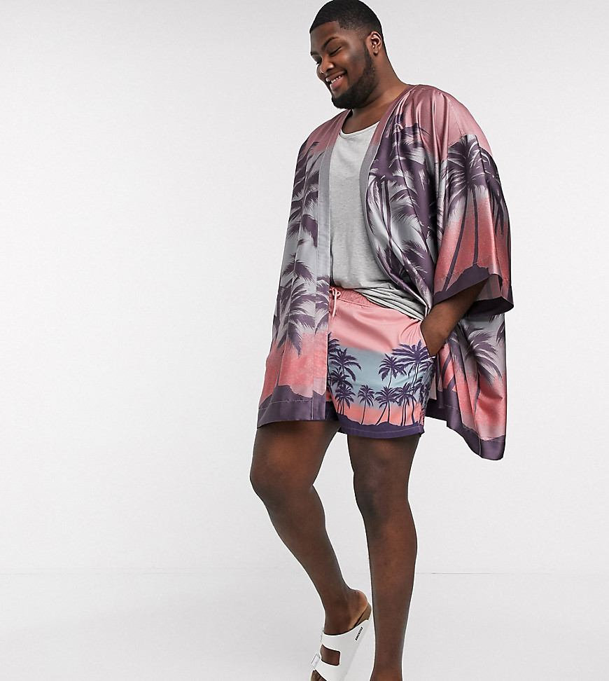 ASOS DESIGN Plus co-ord swim shorts with landscape palm print short length-Pink