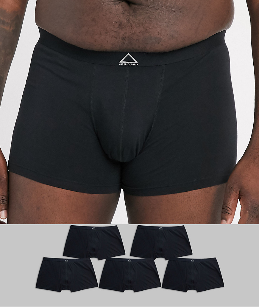 ASOS DESIGN Plus - Confezione da 5 boxer aderenti neri con logo Unrivalled Supply in vita - Risparmia-Nero