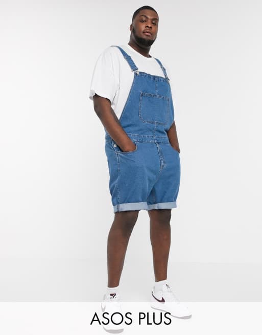 ASOS DESIGN Plus denim dungaree shorts in mid wash