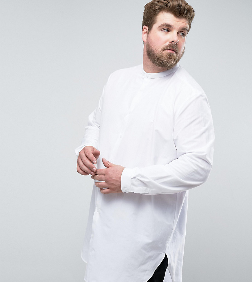 ASOS DESIGN - Plus - Extra lang regular-fit overhemd zonder kraag in wit