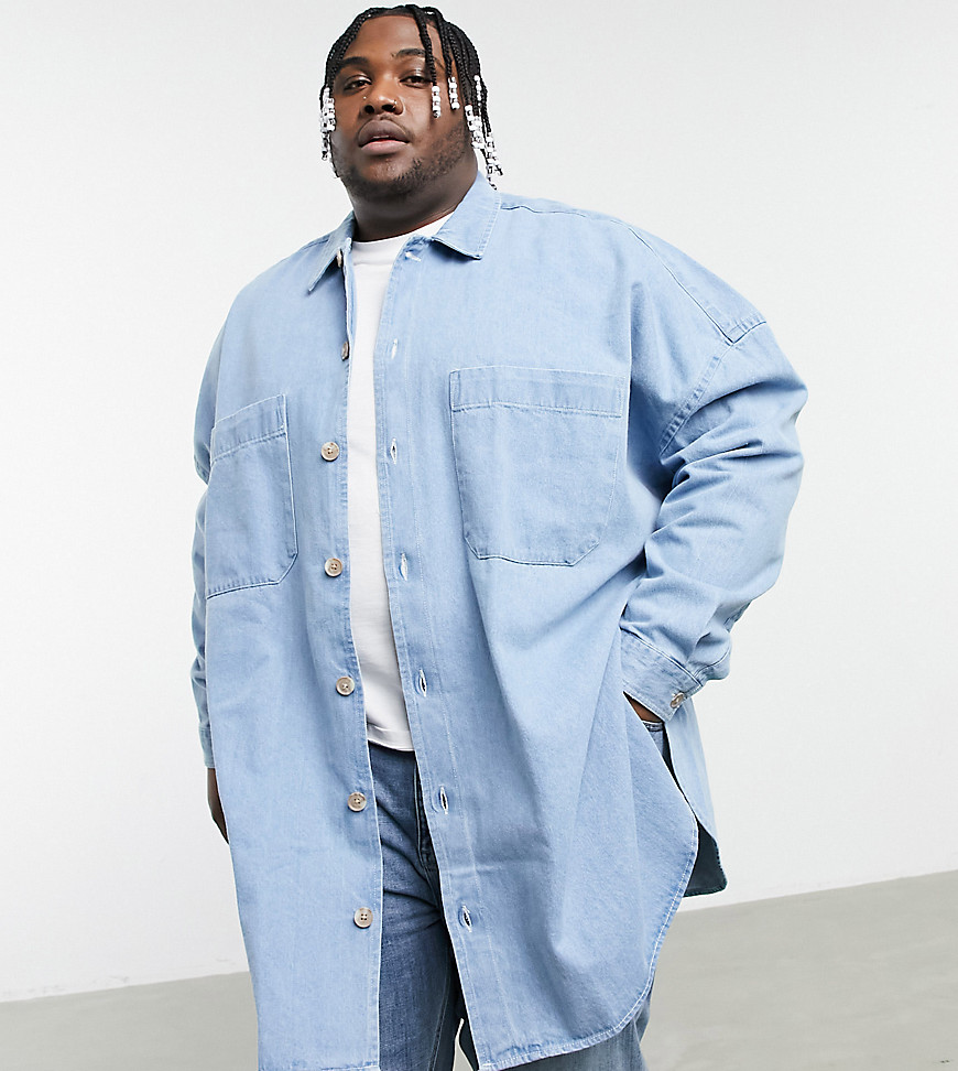 ASOS DESIGN Plus extreme oversized denim overshirt in bleach wash with mockhorn buttons-Blue