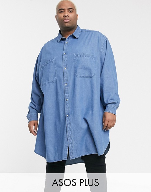 ASOS DESIGN Plus extreme oversized denim shirt in midwash in super longline